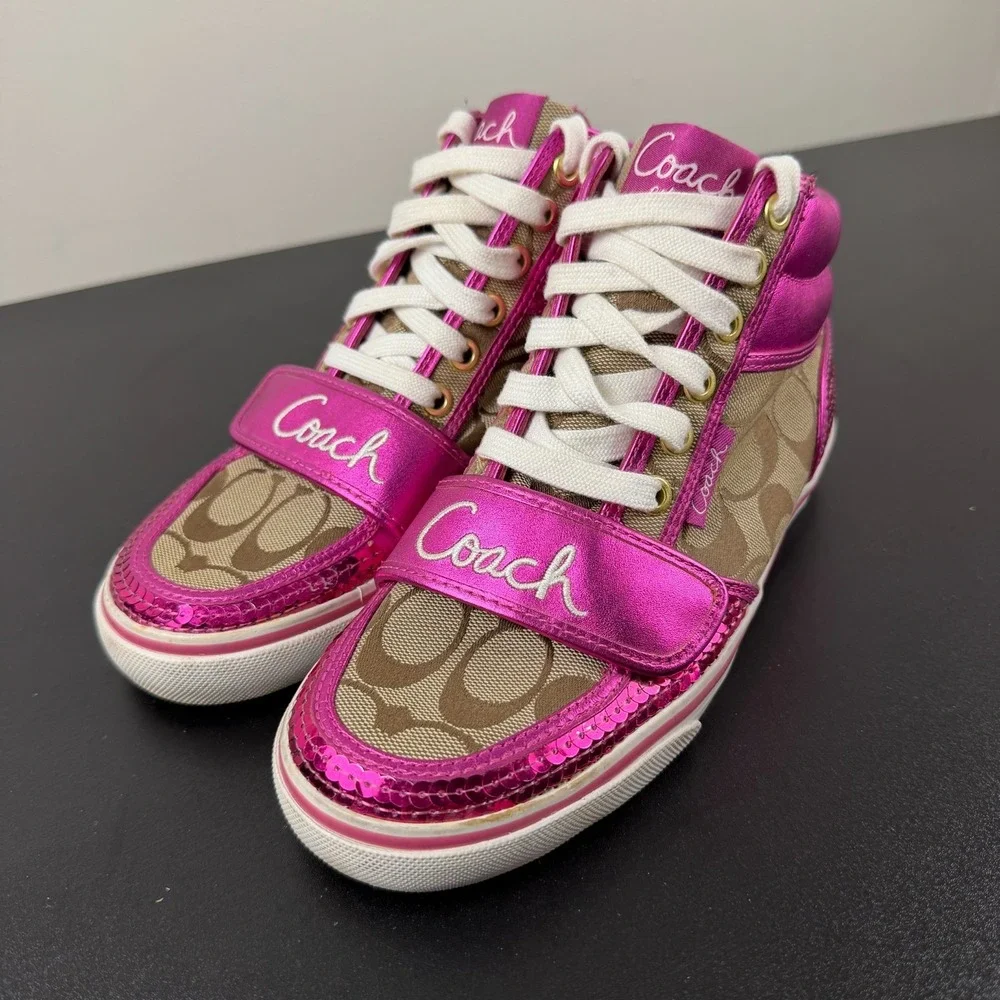Vintage Coach Mistie Shoes Womens 6B Pink Monogram Canvas High Top Sneakers